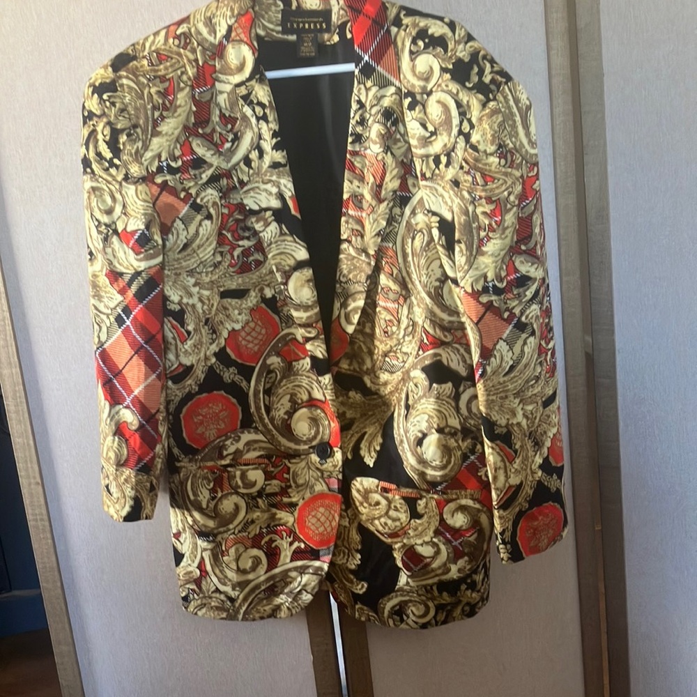 Express Black and Gold Baroque Print Blazer
